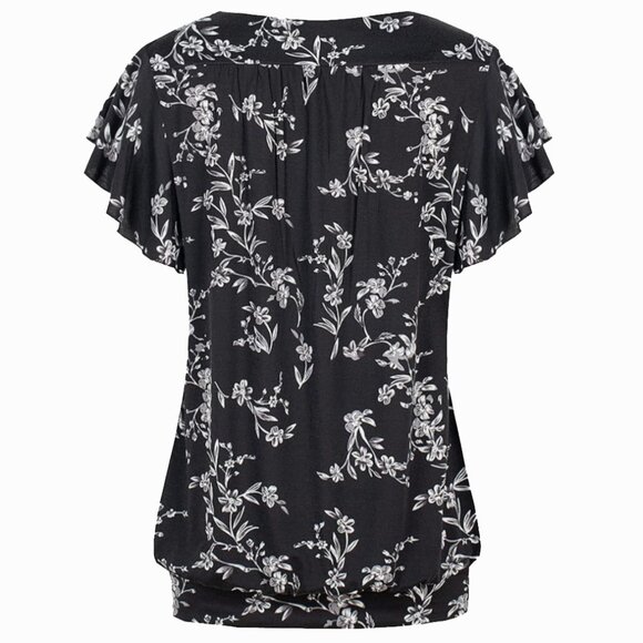 Womens V Neck Short Ruffled Cap Sleeves Banded Hem - Picture 2 of 5